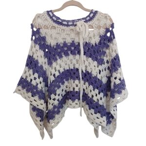 Crochet White & Purple Winter Shaw Shrug Wrap Poncho Sweater Top Cover